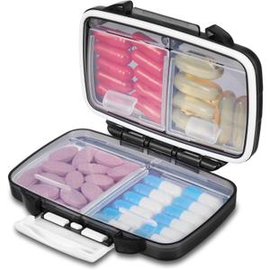 Fullicon Travel Pill Organizer, 4 Compartments Portable Pill Case, Moisture Proof Small Pill Box with Labels, Travel Pill Case with Double Lock, Pocket Pharmacy for Vitamin D3 & Fish Oil (Black) (1 Pack)