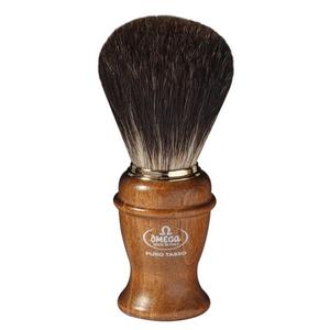 Omega Shaving Brush in Black Badger with Resin Handle and Holder.