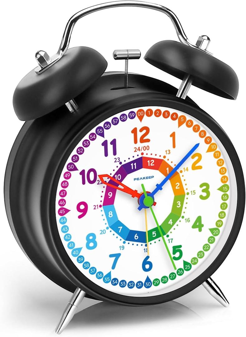 Peakeep Loud Alarm Clock for Kids Learning Telling Time Teaching Clock, 4.5" Rainbow-Colored Twin Bell Analog Alarm Clock Battery Operated for Heavy Sleepers Adults Teenagers Kids