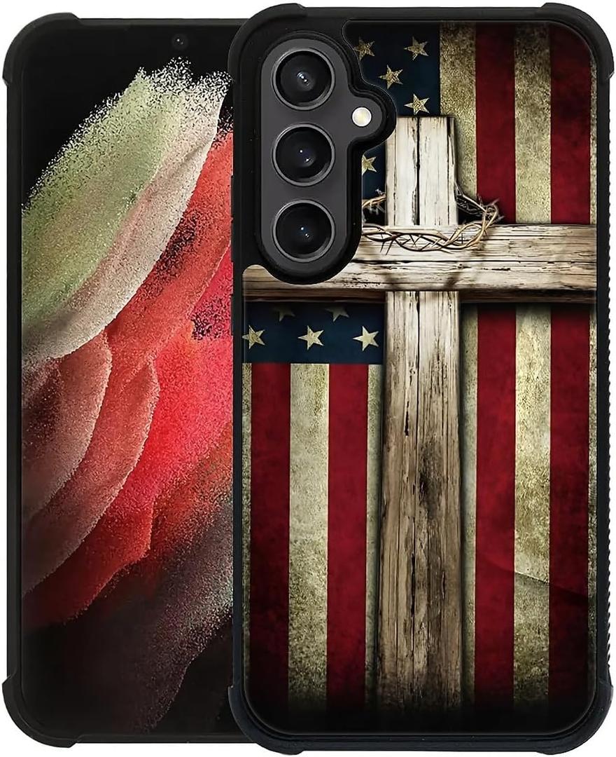 for Samsung Galaxy S23 FE Case 6.4 with Cross American Flag Four Corner Airbag Protection Design Soft Silicone Frame Personalized Pattern Case Compatible with Samsung Galaxy S23 FE for Men