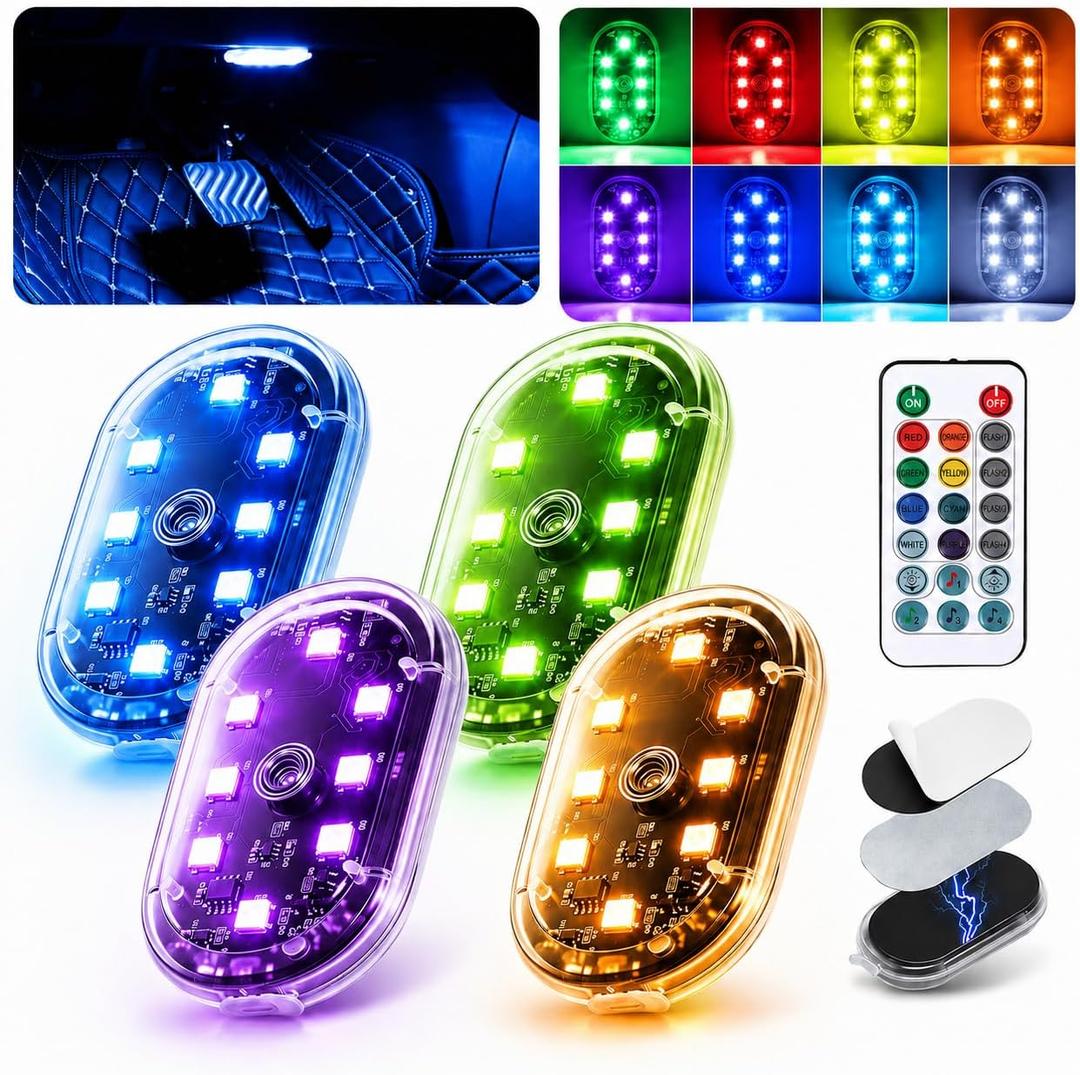 4Pcs Magnetic LED Interior Car Lights 8 Colors RGB Wireless Ambient Lighting with Remote & Touch Control, USB Rechargeable Portable Strobe Nightlight for Footwell Door Dash Glove Box Car Truck SUV