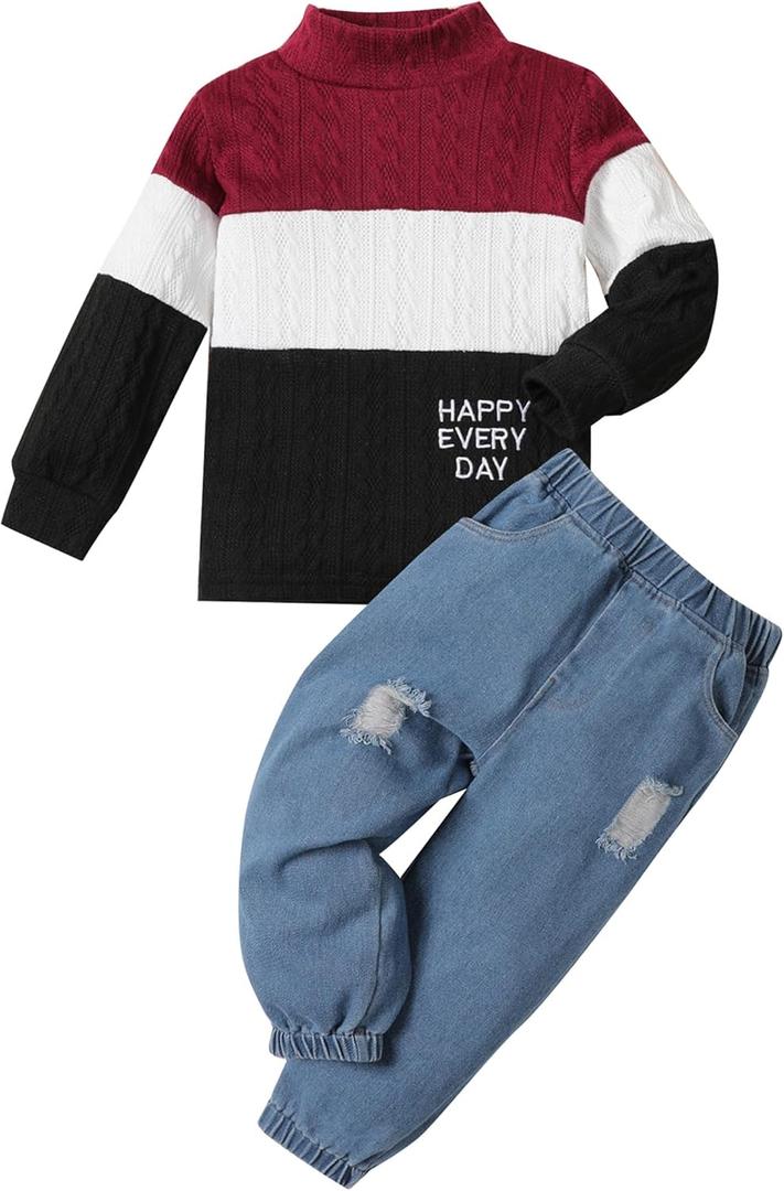 Boy Clothes Color Block Sweater Jeans Boys Outifts Set (3-4T, Red)