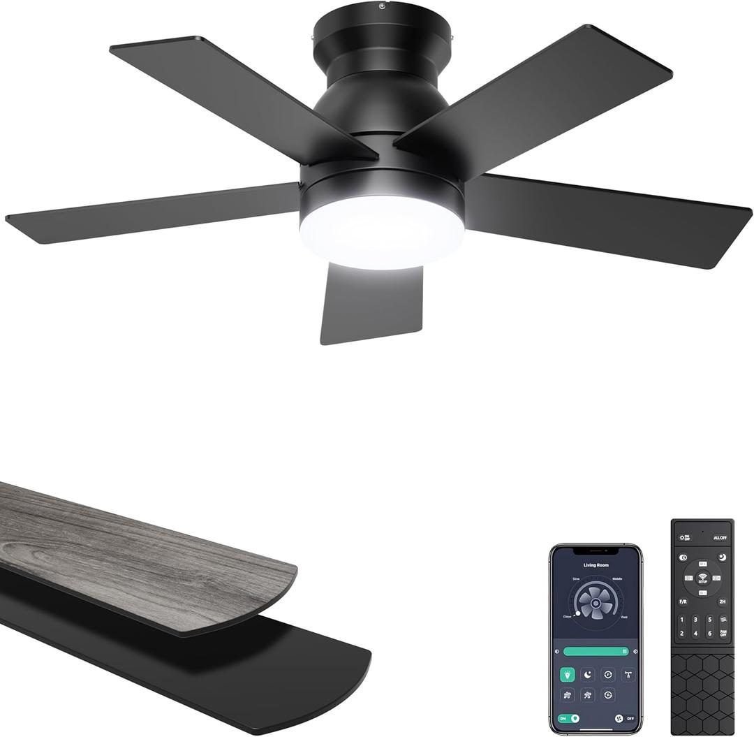 Ohniyou Ceiling Fans with Lights, 32 Inch Low Profile Ceiling Fan with Light and Remote/APP Control, Flush Mount, Dimmable, Qiuet DC Motor, Black Small Indoor Ceiling Fan for Bedroom, Kitchen