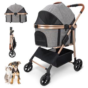 Pet Stroller with Detachable Carrier and No-Zip Canopy, Gray | Seat-Belt-Compatible Carrier, Two-Way Canopy, One-Hand Fold, 2 Tethers, Swivel Front Wheels, Linked Rear Brake, Side Pocket