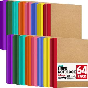 YesBes 64 Pack Composition Notebooks Bulk, A5 Kraft Cover Lined Journaling Notebooks, 8.3x 5.5 Travel Notebook for School Office Students Artists, 8 Colors 60 Pages