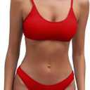 Fanuerg Women's Ribbed Bikini Sets Scoop Neck Cheeky Swimsuit Textured Two Piece Bathing Suit M Red