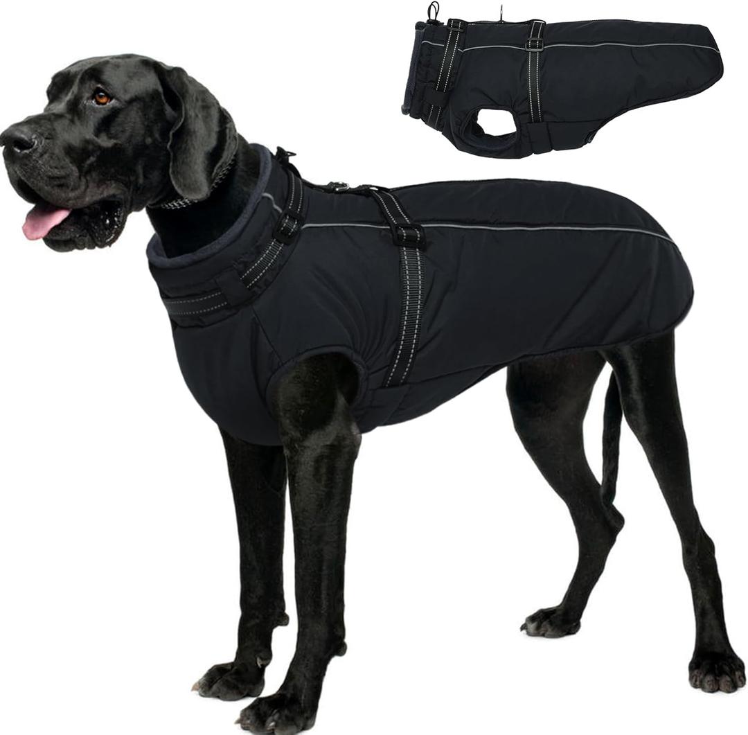 Lelepet Dog Coat for Large Dogs Waterproof Dog Jacket with Harness Built in Reflective Fleece Jacket with Zip Cold Weather Coats for Dogs Outdoor, Cozy Thermal Pet Snowsuit, Weimaraner, Black, 2XL