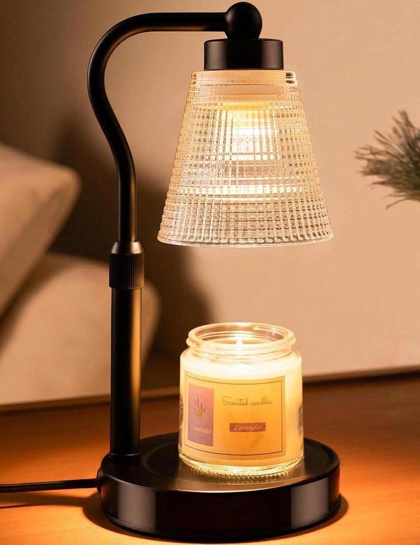 Candle Warmer Lamp for Jar Candles, Height Adjustable & Dimmable with 2/4/8H Timer, 2*50W Halogen Wax Melter Warmer for Home Office Dcor, Flameless & Smokeless, Gift for Women Mom, Black-Clear/1 Pack