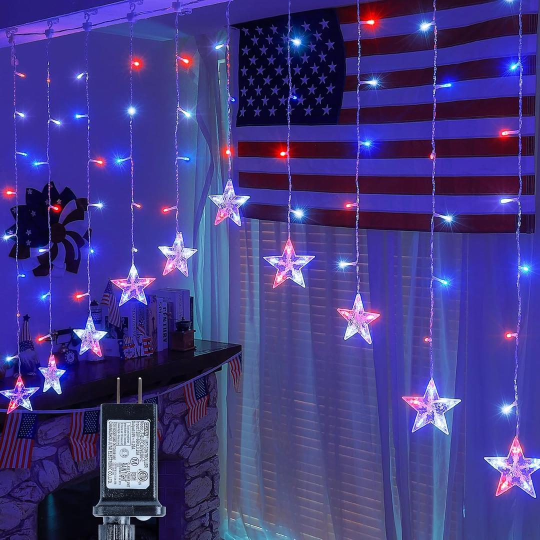 4th of July Patriotic Star Icicle Lights, Red White and Blue Curtain String,11.5 ft 118 LED Waterproof 8 Modes with Timer Connectable Independence Day Decorations Window Lights for Outdoor Indoor