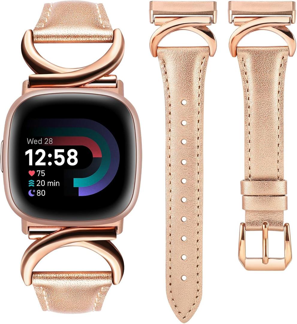 Minyee Leather Bands Compatible with Fitbit Versa 4/Versa 3/Fitbit Sense 2/Sense Band Women, Slim Thin Dressy Designer Premium Leather Strap with C-Shape Metal Buckle for Versa 3 4 Sense 2 Smartwatch