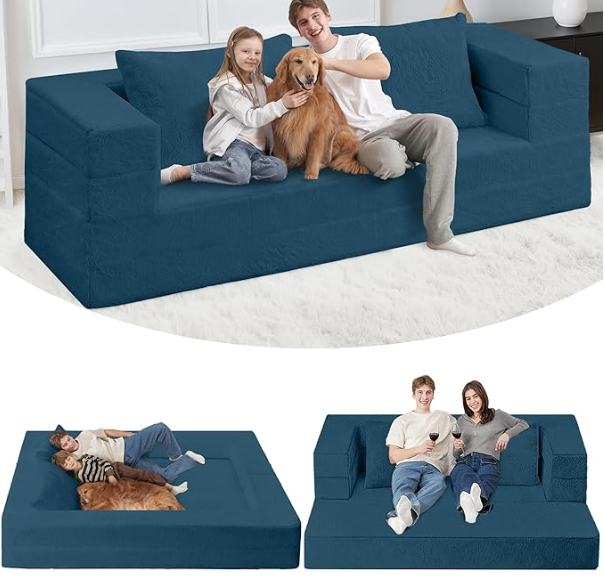 Futon Sofa Bed with Pillow, 3-in-1 Sleeper Sofa Bed with Removable Cover, Convertible Floor Sofa Bed, No Assembly Boneless Couch for Living Room, Bedroom