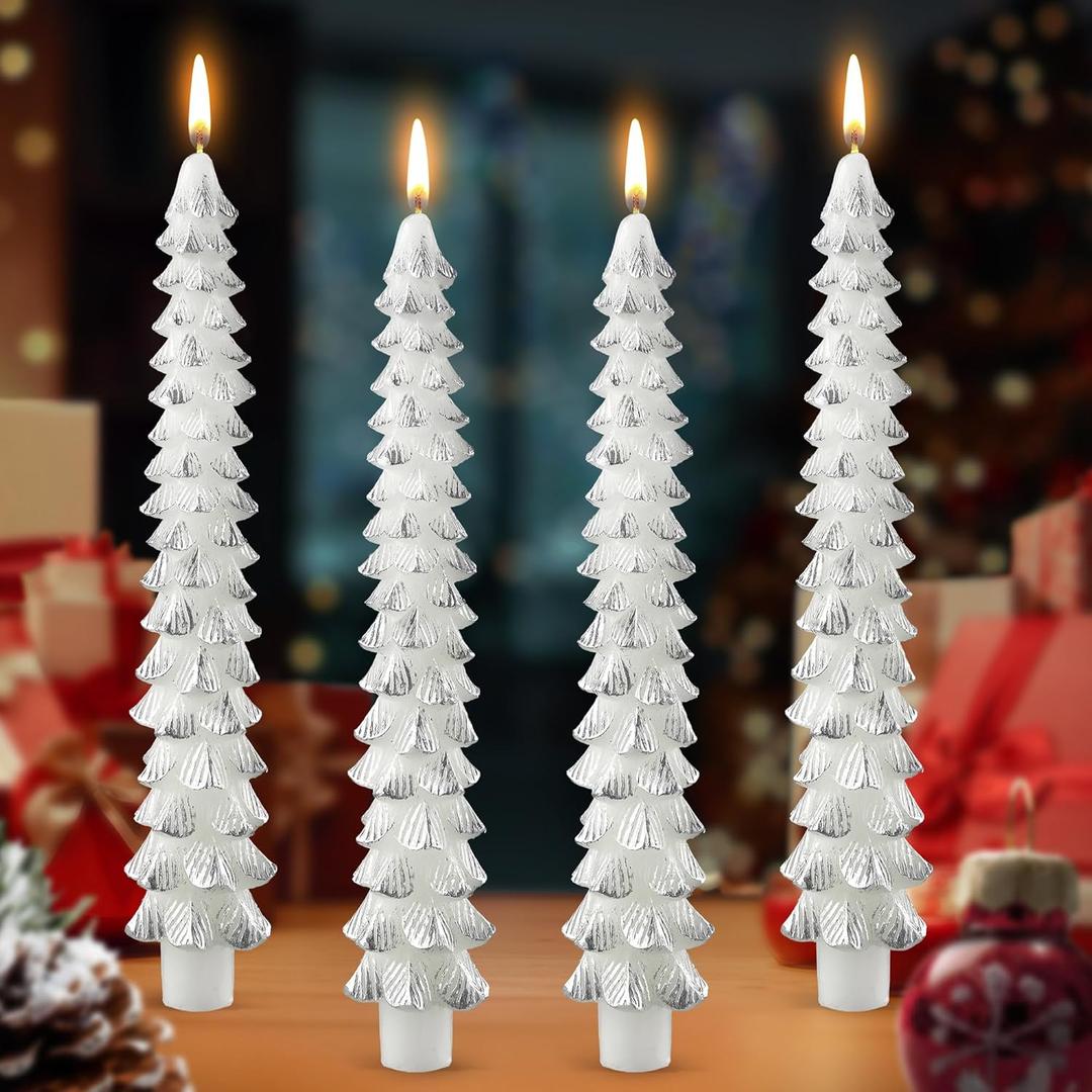 4 Pack 10 Inch Christmas Tree Candles, Premium Natural Unscented Beeswax Christmas Tree Shaped Taper Candles with Cotton Wick, for Xmas Holiday Decor Party Banquet (White with Silver Trim)