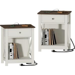 Treocho Farmhouse End Table Set of 2,Nightstand with Charging Station, X-Design Side Table with 2 AC and USB Power Outlets, Small Night Stand with Storage Drawer and Open Shelf for Living Room