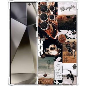 Vintage Cowboy Aesthetic Wild West Life Collage,Trendy Cool Soft TPU Bumper Case for Galaxy S24 Ultra