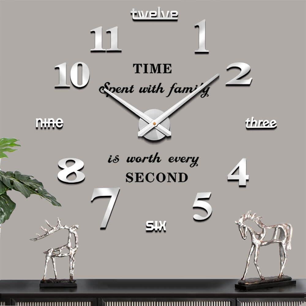 Mintime Modern Frameless DIY Wall Clock Large 3D Wall Watch Mirror Numbers for Home Office Decorations (Silver)