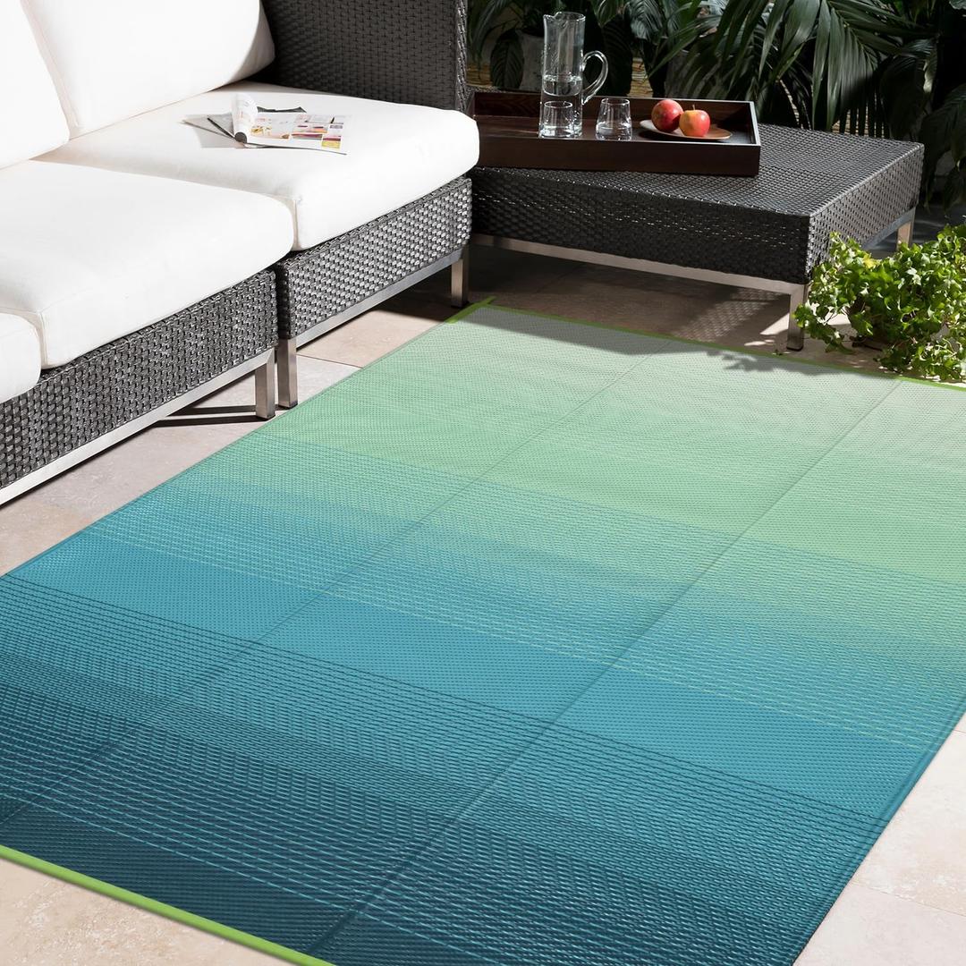Anidaroel 8x10ft Ombre Outdoor Rug for Patios Clearance, Waterproof Camping Rug for Outside RV, Reversible Plastic Straw Outside Rugs, Large Outdoor Area Rug for Camper, Picnic(Blue&Green,8'x10')