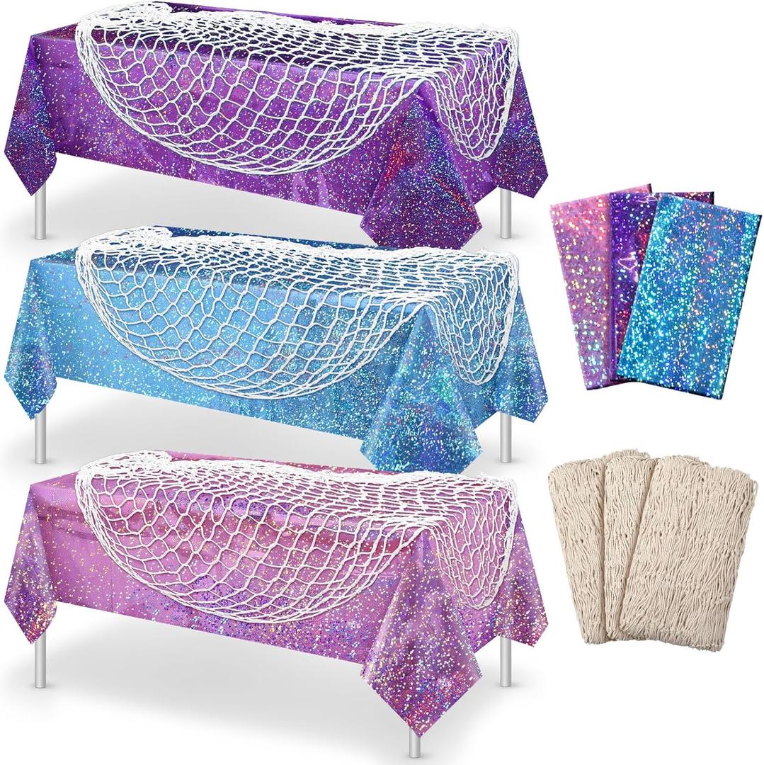 Unittype 6 Pcs Fish Net Decorative and Tablecloth Set, Cotton Fishnet and Plastic Table Cover Decorations Set for Nautical Themed Party Baby Shower Pirate Decorations Mermaid Party (Colorful), 54 x 108 inches