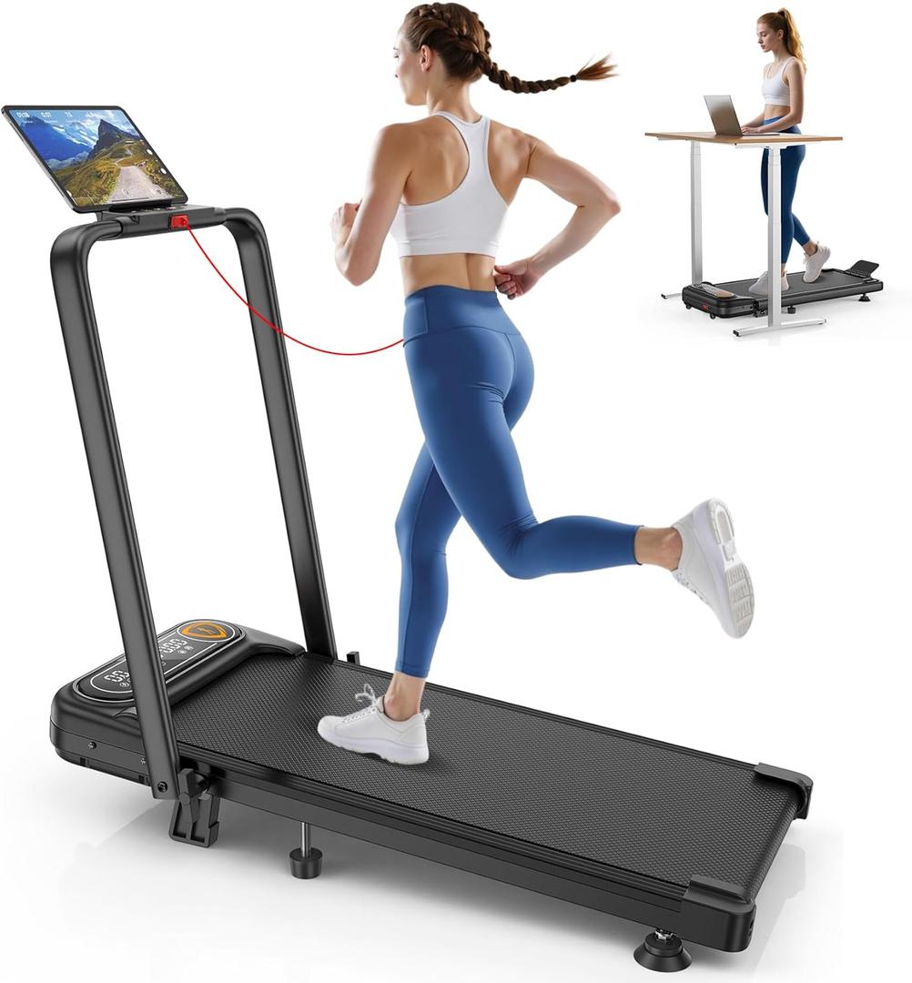 Foldable Treadmill with 10% Incline, Upgrade 3.5HP Low Noise Walking Pad Treadmill with Handle Bar, Trisomy 4 in 1 Portable Under Desk Treadmills for Home/Office, 350Lbs Capacity, APP & Remote Control (10% inlcine black)