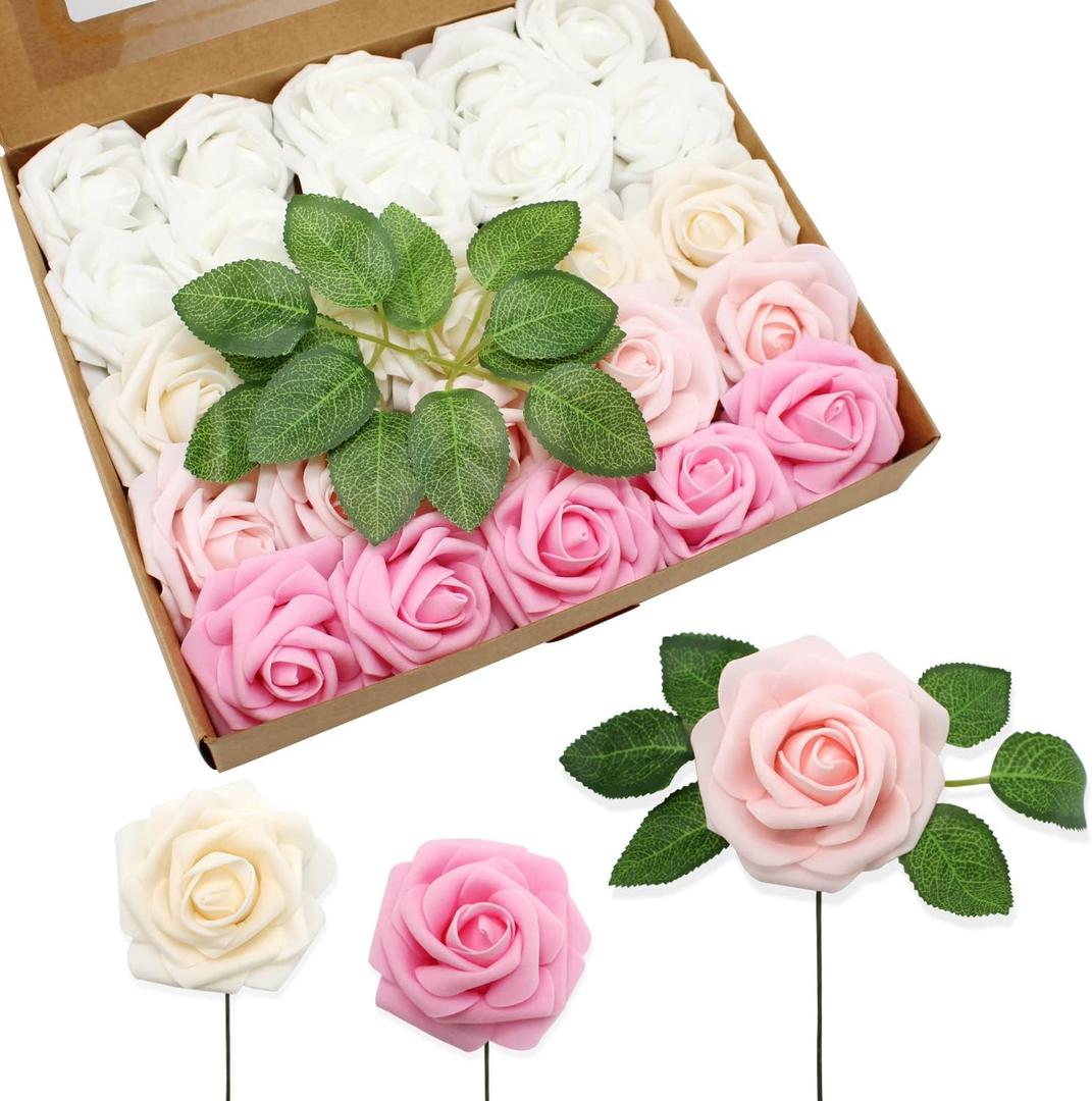 JOYLEX Artificial Flowers Realistic Roses, 100pcs Real Looking Fake Roses with Stem for DIY Wedding Bouquets Centerpieces Bridal Shower Party Home Romantic Decorations (Shades of Pink) (Regular 3" - 100pcs)