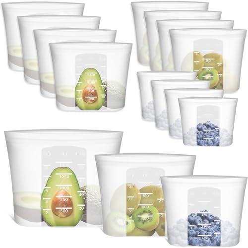 Reusable Storage Bag, 11 Pack 100% Silicone Food Storage Bags Stand Up Silicone Zip Lock Bags for Food Container, Freezer Microwave Oven Dishwasher Safe, 4 Medium 4 Small 3 Extra Small, Translucent