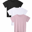 HOPLYNN 3 Pack Crop Top T Shirts for Women Workout Gym Athletic Running Yoga Casual Short Sleeve Crew Neck Tee Shirts Tops 1 Black 1 White 1 Pink, Medium