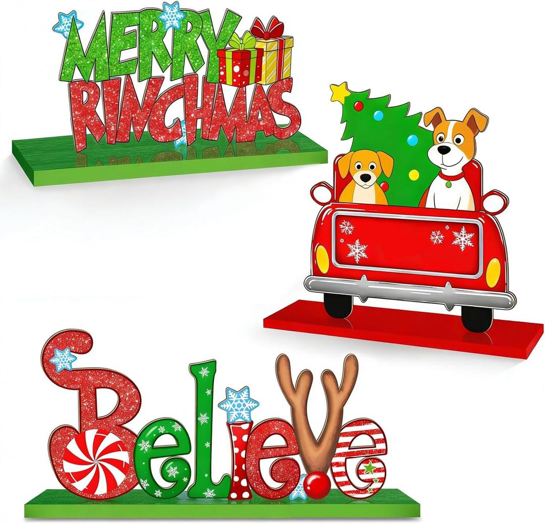 3pcs Christmas Table Signs Decorations, Xmas Dog Centerpieces Decorative Wooden Signs, Christmas Party Table Decorations Truck Ornament for Holiday Xmas Tiered Tray Set for Xmas Holiday Winter Parties Indoor Home