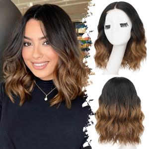 Ombre Brown Short Wavy Wig for Women Lace Hairline Bob Style Synthetic Heat Resistant - Natural Appearance for Everyday Hairstyle 14 Inch