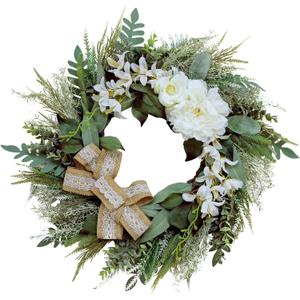 22 Inch Winter Wreath for Front Door - Green Greenery with White Blooms and Elegant Bow - Weatherproof Outdoor Christmas & Holiday Welcome Decor