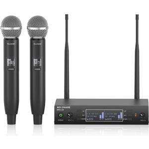 Dual Channel Wireless Microphone System, MELONARE Auto-Scan Professional Cordless Dynamic Mic Set, 260ft Range, 2x100 UHF Metal Wireless Mic for Singing, Karaoke, Church, Wedding, DJ (MWU-20-2H)