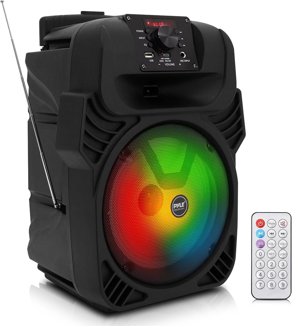 Pyle 8" Portable Bluetooth PA Speaker - 500W Rechargeable Indoor/Outdoor Karaoke Machine Sound System - Multi-Color LED Party Lights, Mic Input, FM Radio, MP3/USB & Remote Control (Black)