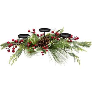 Northlight Holly and Berries Christmas Pillar Candle Holder with Pine Cones - 28"