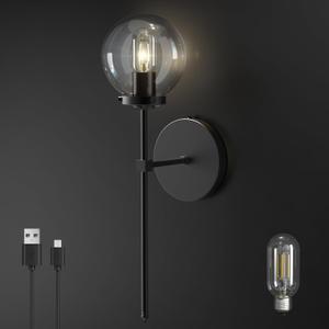 C03 Battery Operated Wall Sconce No Wired Rechargeable Wall Lamp with Clear Glass Shade Easy to Install Cordless Wall Light Fixtures for Bathroom Hallway Kitchen Mirror Black(Bulb Included) (Minimalist - Globe Glass)