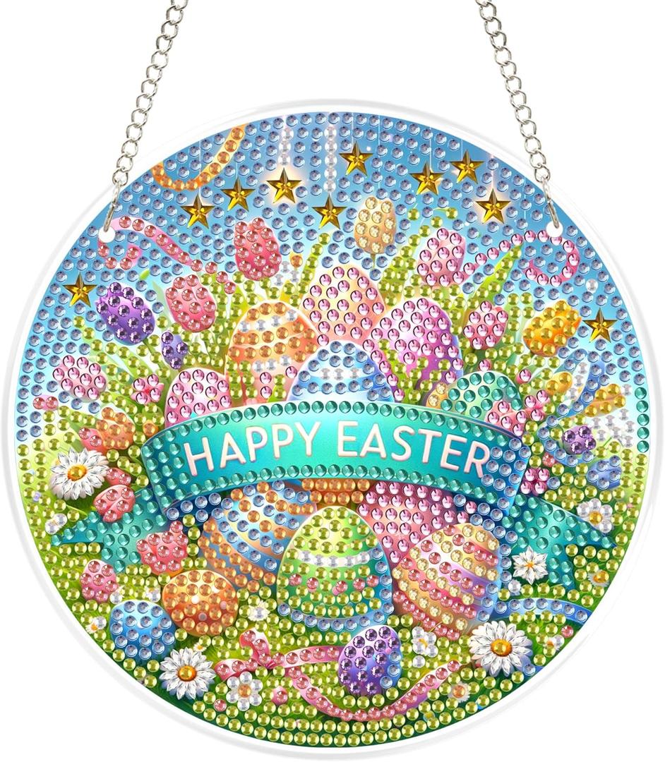 Yunzlly Hanging Diamond Art Glass Kit for Adults, Stained Glass Diamonds Painting Pendant, DIY Crystal Diamond Gem Painting Ornament Kits (Easter Wreath)