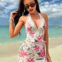 SherryDC Women's Sexy V Neck One Piece Swimsuit with Cover up Wrap Skirt Sarong Tummy Control Bathing Suit Swimwear (M)