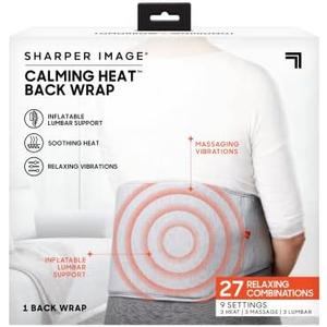 Calming Heat Back Wrap by Sharper Image- Electric Back Heating Pad with Customizable Inflatable Lumbar Support, Soothing Heat, & Massaging Vibrations- 9 Settings 3 Heat, 3 Vibration, 3 Lumbar