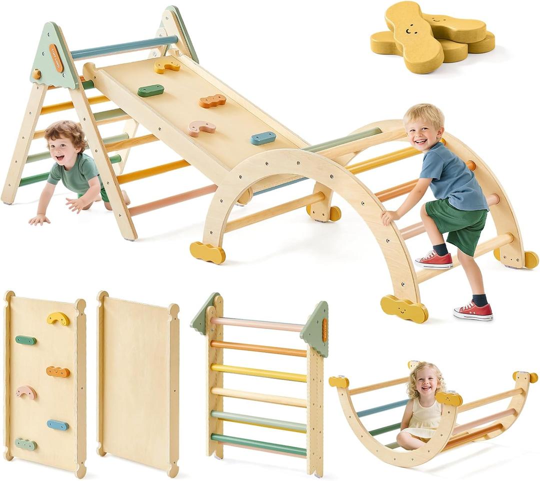 Tiny Land Pikler Triangle Set,7-in-1 Foldable Montessori Toddler Climbing Toys Indoor, Wooden Playground Jungle Gym for Kids, Climber Gift for Boys & Girls Toddler Climbing Toys (Morandi)