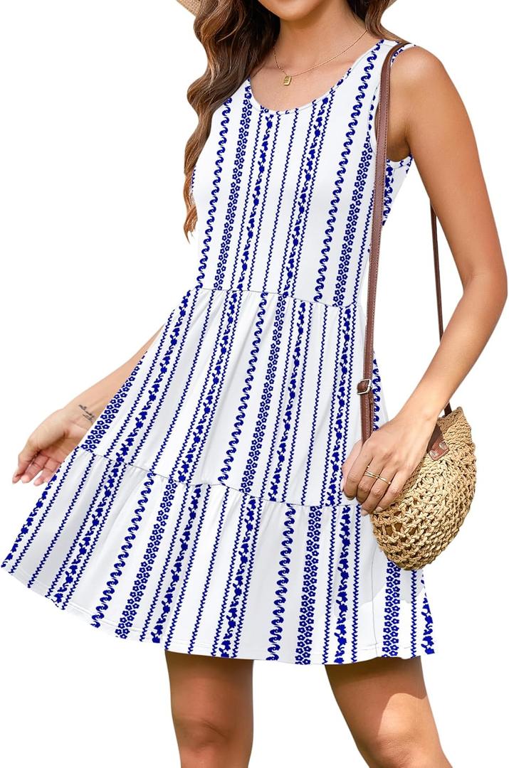 AUSELILY Womens Summer Dress Casual Sleeveless Crewneck T Shirt Sundress Flowy Tiered Swing Mini Dresses (Blue, L)