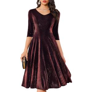 Dressystar Womens Velvet Midi Sequin Cocktail Dress Fall Winter Long Sleeve Formal Wedding Guest Party Dresses with Pocket (Small, Burgundy)