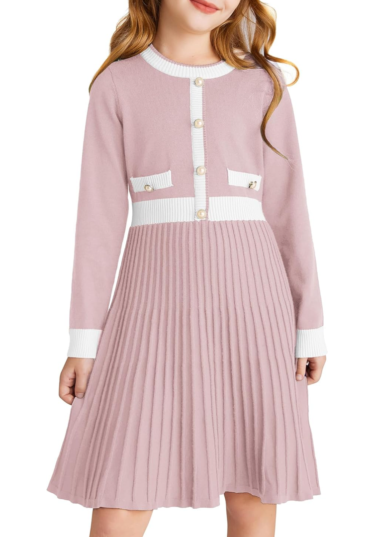 GRACE KARIN Girls Sweater Fall Dress Long Sleeve Knit A Line Contrast Casual Winter Dresses 6-14Y