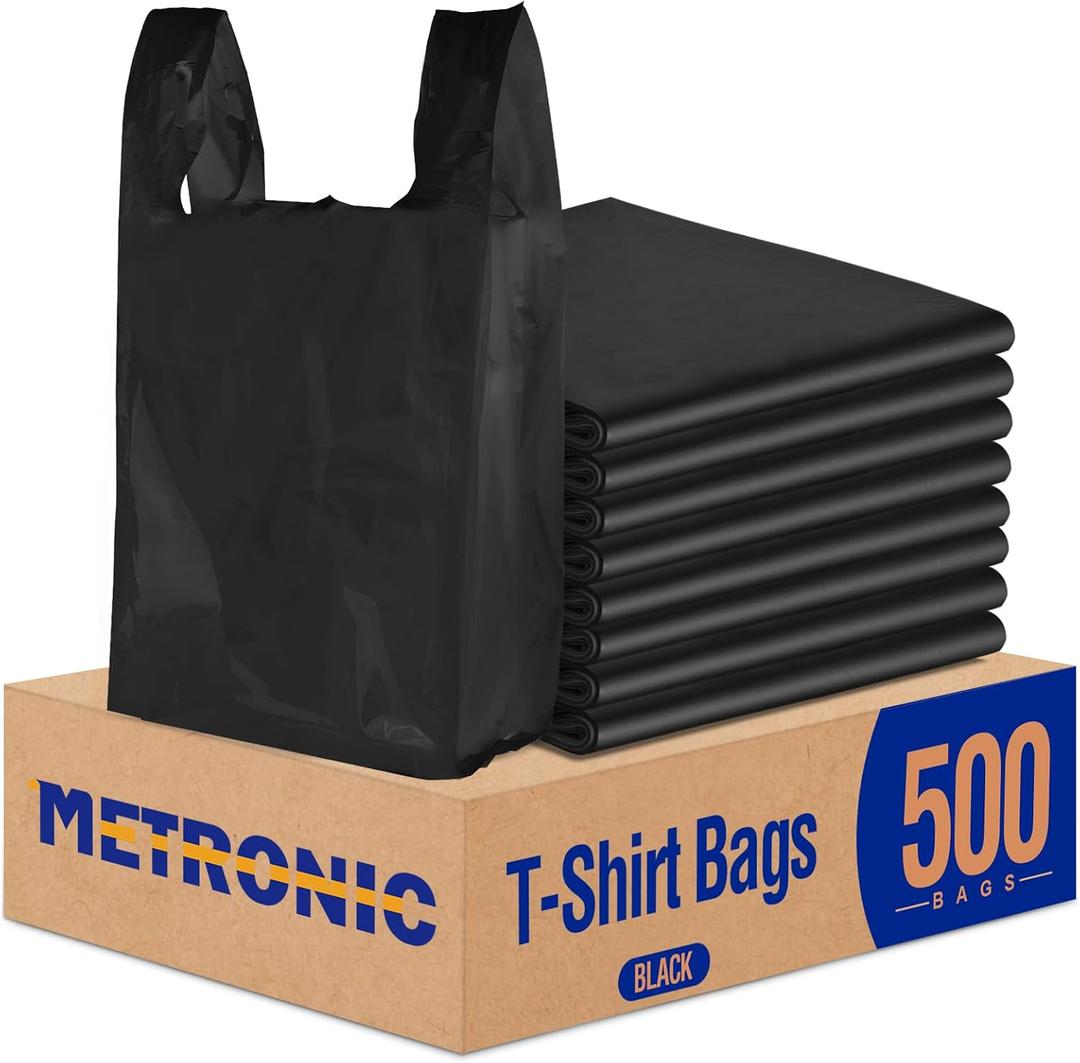 METRONIC 500 Count Black Plastic T-shirt Bags with Handle, 11.5 x 6.5 x 21 Plastic Carry Bags for Retail, Supermarket, Grocery Shopping Bag for Packaging, Takeout, Trash, Convenience Stores, in Bulk