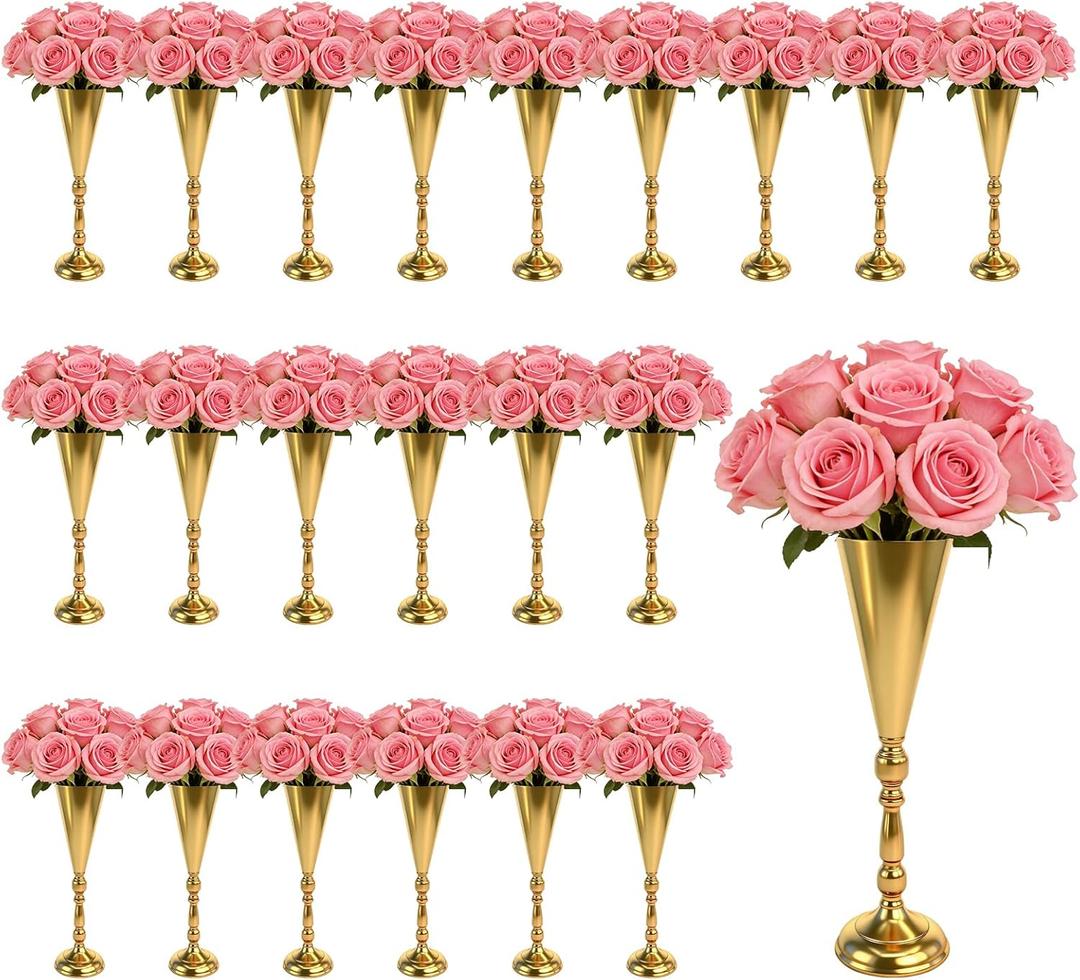 UCEHIPAW 22 Pcs 16.5 Inches Tall Gold Vase Metal Trumpet Vase Flower Arrangement Stand Tabletop Centerpiece Decoration for Wedding Anniversary Party Decor
