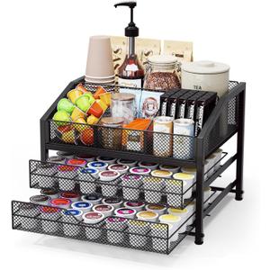 Coffee Bar Organizer - Coffee Station for Countertop, Metal and Wood K Cup holder Storage Basket for Syrup, Cups, Stirrer, Condiment, Tea Organizer, Black