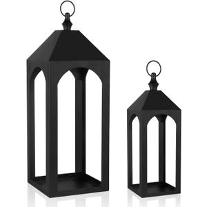 23" 17" Large Black Metal Candle Lanterns Decorative Indoor Modern Farmhouse Lantern Decor Set of 2 Outdoor Lanterns for Porch Patio Floor Mantle Fireplace Lantern for Christmas Halloween Home Decor