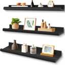 Annecy Floating Shelves Wall Mounted Set of 3, 23.6 Inch Black Rustic Wood Shelves, Storage Shelves with Guardrail Design for Bedroom, Bathroom, Kitchen, Office, 3 Different Sizes