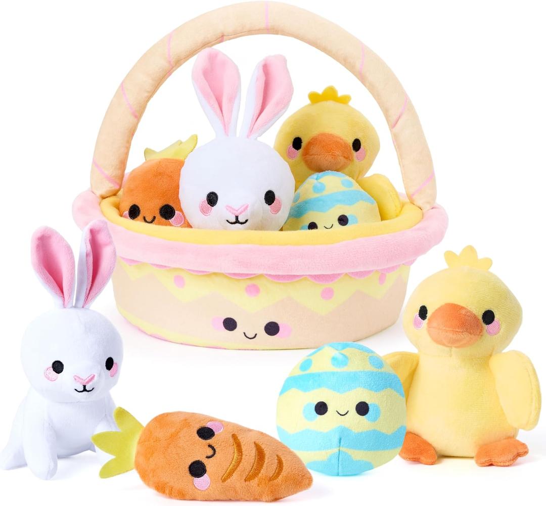 JOYIN 5 Pcs Easter Basket Plush Playset, Filled Basket with Bunny Chick Egg Carrot, Easter Toys Gifts Prefilled with Animal Stuffers for Baby Toddler Kids Boys & Girls of All Ages