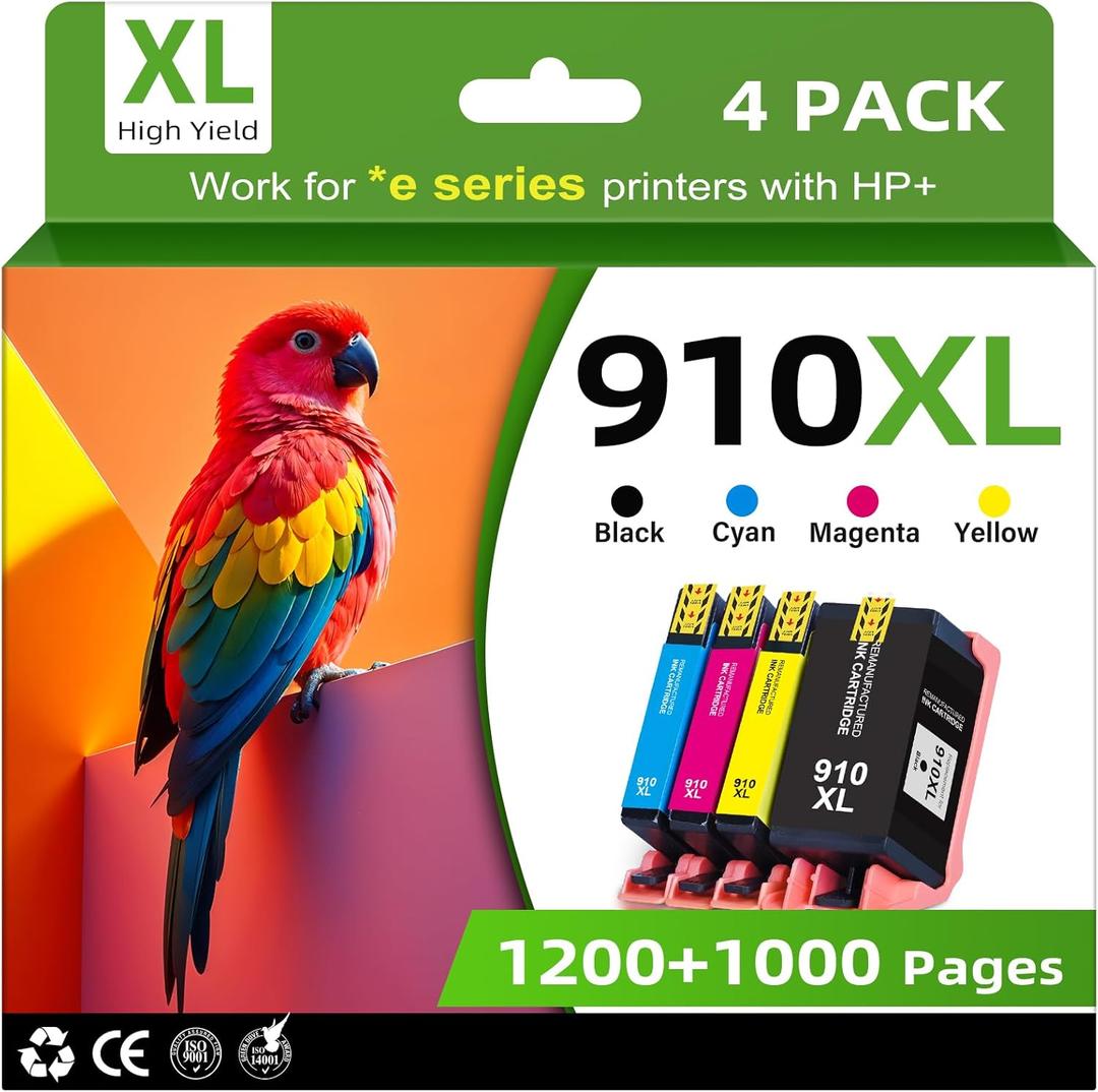 910XL Ink Cartridges Combo Pack for HP Printers Replacement for HP 910 HP 910XL Ink with HP OfficeJet Pro 8025e 8015e 8028e 8035e 8025 8035 8020 Printers (4 Pack, BK, CMY)