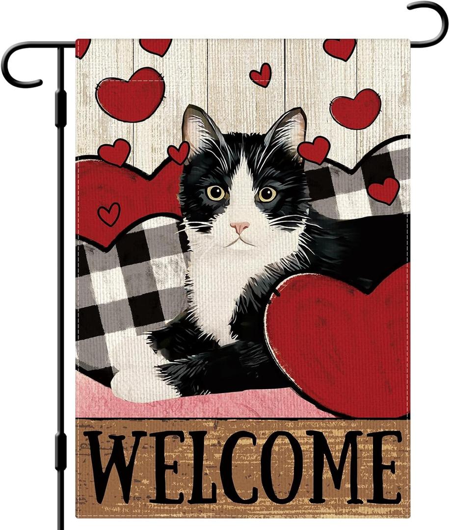 DLZDN Welcome Valentines Day Cat Garden Flag Valentine Love Heart Garden Flag 1218 Inch Double Sided Buffalo Plaid Farmhouse Yard Flag Anniversary Wedding Outdoor Decor