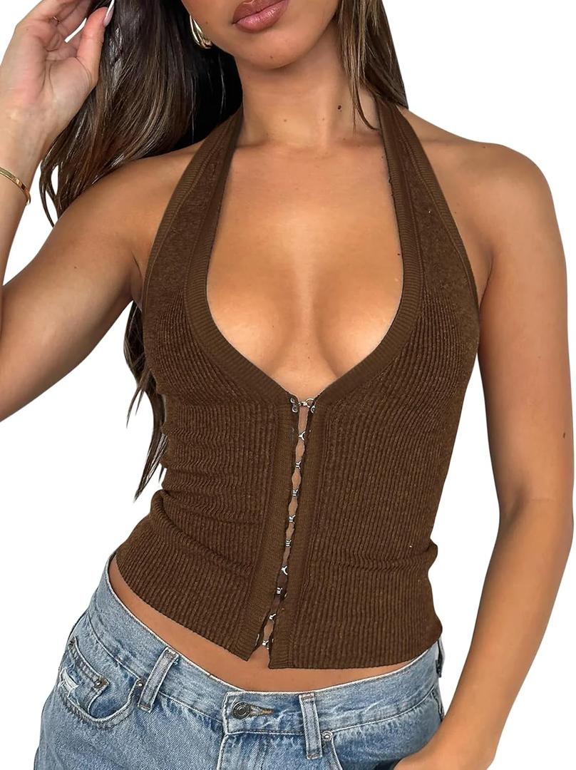 Fallorchid Womens Sleeveless Tank Tops Sexy Y2k Halter V Neck Ribbed Kint Crop Top (Brown, S)