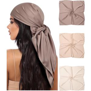 AWAYTR 35” Large Square Satin Head Scarf - 3Pcs Satin Hair Scarves Silk Bandana Scarf Headscarf Silk Feeling Scarf for Women (Solid Color (Beige/ Apricot/ Brown Grey)