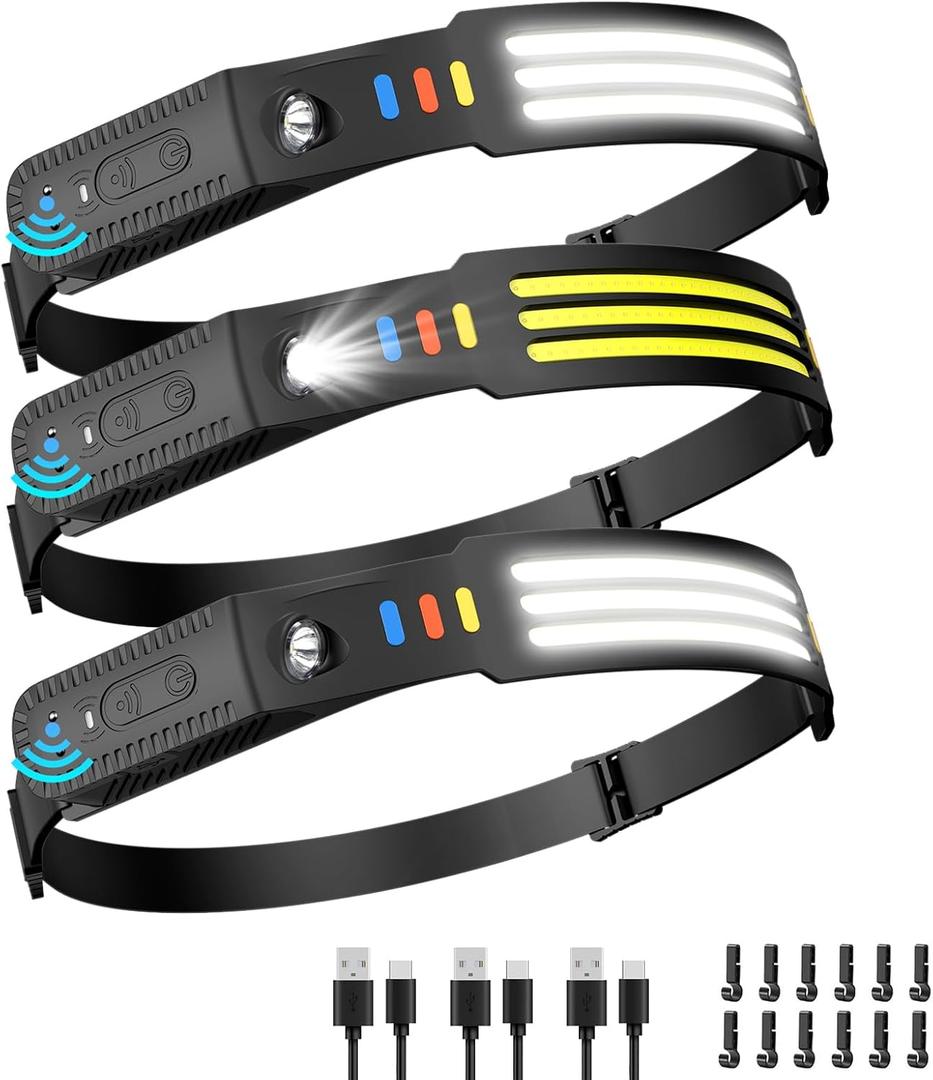 Lsnisni Headlamp Rechargeable 3 Pack, 230 Wide Beam Head Lamp LED, Head Flashlight with Motion Sensor, 5 Mode Head Lights for Forehead, Waterproof Headlamps for Adults Hiking Camping Gear